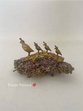 VINTAGE 1970'S GILT BRONZE & AMETHYST QUAIL FAMILY SCULPTURE FIGURINE